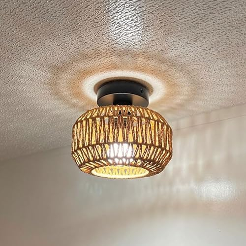 Boho Rattan Lampe Deckenleuchte Hängend Vintage Deckenlampe Wohnzimmer Geflochten Lampenschirm Rustikal Rattan Deckenleuchte Esszimmer Korb Lampe Hängelampe Pendelleuchte für Schlafzimmer Küche Flur