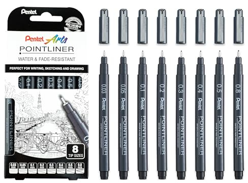 Pentel Pointliner YS20P-8, 8er Set Fineliner, schwarz, wasserfest und lichtecht, 0,03-0,8 mm