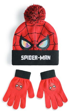 Marvel Spiderman-Beanie-Mütze und Handschuhe-Set für Jungen | Rot-schwarze gestrickte Wintermütze mit Spiderman-Augen und Netz | Bommelmütze für Kinder in Einheitsgröße mit Handschuhen