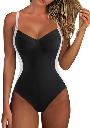 RXRXCOCO Maillot de bain à col en V pour femme ventre plat push-up maillot de bain dos nu avec bonnets, noir/blanc, M