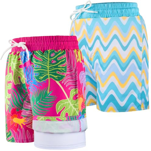 BIG ELEPHANT Pack de 2 Pantalones Cortos de Baño para Niños con Forro Compresivo, Traje de Baño Infantil UPF 50+, Pantalones de Natación de Secado Rápido
