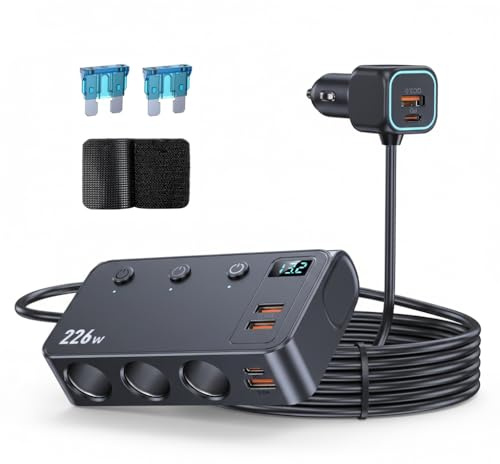 226W Car Charger Cigarette Lighter Splitter, 9-in-1 Multi-Port Car Power Adapter with 3 Sockets, Dual PD USB-C, 4 USB Ports, LED Voltmeter, Fast Charging for 12V–24V Vehicles
