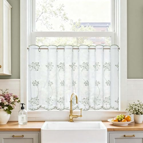 TOPICK Skivgardin kök genomskinlig bistrogardin vardagsrum modern köksgardin gardin halsdukar fönstergardin kort gardin för kök köksfönster lantlig stil 1 st B 120 x H 60 cm grön