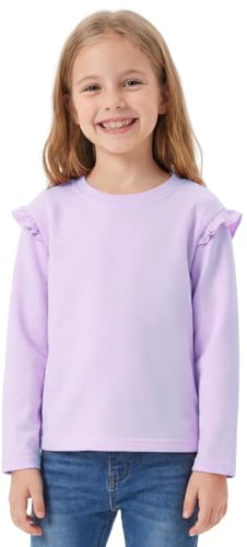 FILOWA T-Shirt Fille Coton Manches Longue Tee Col Rond Volantées Tee Shirt Uni Décontracté Top Base Confortable Haut Sport Schule Printemps Automne Vêtements pour Enfant 9-10 Ans, Violet
