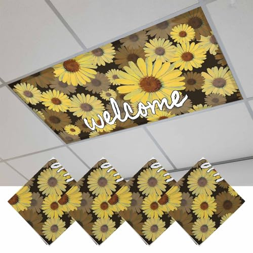 Fluorescent Light Covers, Spring Daisy Magnetic Light Covers for Ceiling Lights, Botanical Brown Yellow Flowers Oil Painting Fluorescent Ceiling Shade Filters for Classroom Bedroom Office 4x2Ft x 4PCS
