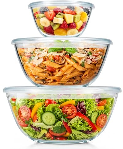 Homikit Set di 3 insalatiere grandi in vetro borosilicato con coperchio ermetico, 4,5 l/2,7 l/1,1 l, ciotole in vetro borosilicato per servire, cucinare, cuocere, ermetiche, lavabili in lavastoviglie