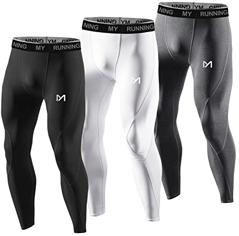 MEETYOO kompressionsbyxor herr, sport leggings andas fitness tights funktionella underkläder långa för löpning vandring cykling, Svart + vit + grå, S