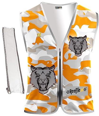 REEFLEXX Fantastico gilet di sicurezza per bambini, con adattatore per taglie, gilet riflettente, maggiore visibilità nel traffico stradale grazie ai riflettori, colori e motivi, arancione camou