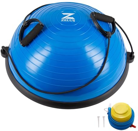 ZELUS Balance Ball Trainer Halber Gymnastikball Φ58*25cm bis 150 KG Balance Ball Halbkugel Rutschfest mit 2 Fitnessbändern für Yoga Fitness, Krafttraining, Gleichgewichtstraining(Blau)