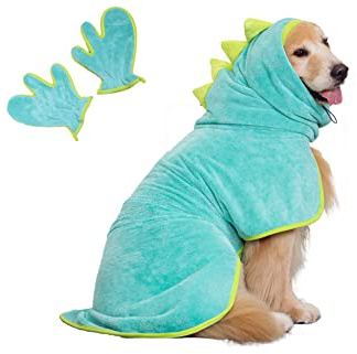 Pawyee Super Soft Fast-Drying Dog Towel Set for Cold Weather, Beach, Pool - Adjustable Microfiber Bath Robe with Drying Gloves for Cats and Dogs (S, Blue Dino)