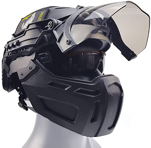 AQzxdc Airsoft Helmet with Goggles And Visor Set, Full-Wrap Military Paintball Protection Set, Visor 90°Adjustable, for Outdoor Hunting, CQB Shooting, BBS,Sets BK