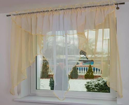 Fertige Gardine Genf 350x150 Ecru Beige Voile Fensterdekoration Vorhänge Querbehang Lambrequin