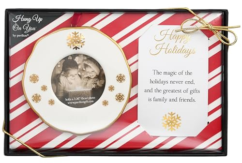 Pavilion Gift Company Christmas Ornament - 4” Gold and White Round Holiday Keepsake Gift with 2.36” Photo Frame Insert for Picture - Happy Ready Packaged Set.