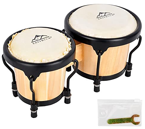 EASTROCK Bongos con Acabado natural y Llave de Afinación Bongo Percusión 4 Pulgadas y 5 Pulgadas Instrumentos de percusión de tambor de madera y metal sintonizables profesionales(12.4CM y 14.5CM)
