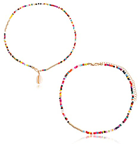 IUDWCG 2 Pcs Collar Bohemio de Conchas y Cuentas de Oro Para Mujeres - Collar de Perlas de Colores en Capas Para Verano y Playa - Joyería Étnica Para Mujeres y Niñas