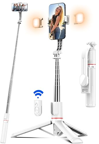 Palo Selfie Trípode Mejorado - 2 Luces de Relleno, 115CM Tripode para Movil con Control Remoto Desmontable, 360° Rotación, Compatible con la Mayoría de Teléfonos iPhone, Samsung y GoPro