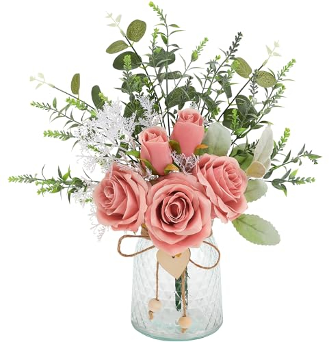 Floralsecret Künstliche Blumen mit Vase,Rosa Rose Künstliche Seidenblumen in Vase,Rosenstrauß Blumenstrauß künstlich für Tisch Centerpieces Zuhause
