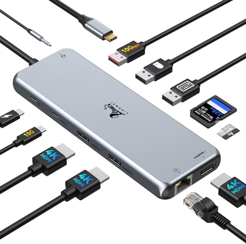 USB C Dockingstation 3 HDMI Laptop Docking Station 3 Monitore mit 10Gbps USB A/C 3.1, 2USB 2.0, 100W PD, RJ45 Ethernet, Audio &Mic, SD/TF USB C Hub Dual Monitor Kompatibel mit Dell, HP, Lenovo