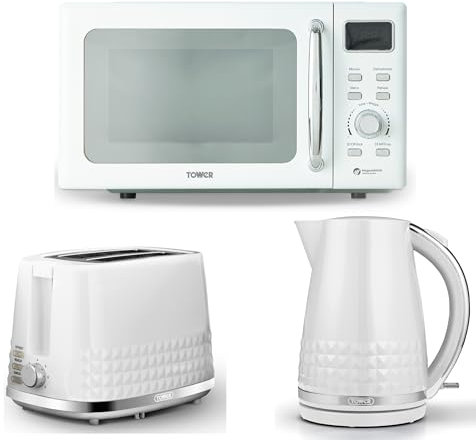 Tower Solitaire White 1.5L 3KW Jug Kettle, 2 Slice Toaster & T24041WHT 800W 20L Digital Microwave. Matching Modern Design Kitchen Electrical Set in White with Chrome