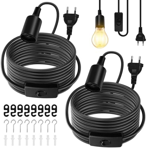 Cable Suspension Luminaire E27 2 Pièces Ampoule, Luminaire Suspendu avec Interrupteur, Câble Réglable 6m pour Éclairage Intérieur Chambre Salon Cuisine Bar, Noir