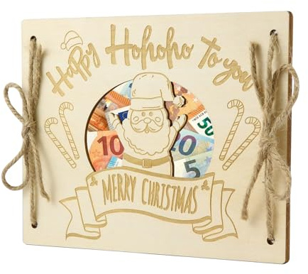 LOVLEY Tarjeta de Navidad de Madera – Felicitación Original con Diseño Papá Noel y Sobre para Regalo de Dinero