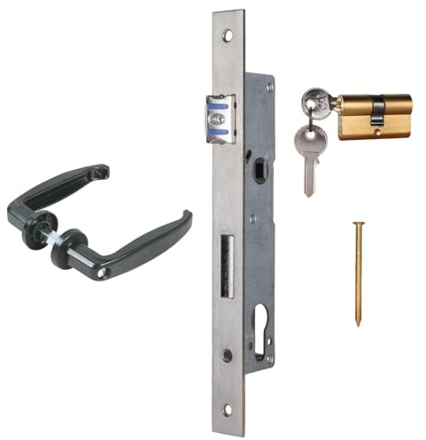 ATTAS Serrure à larder avec cylindre profilé et paire de poignées - Kit complet pour portail battant - Distance au canon : 20 mm - Convient pour portes de jardin, portails, fonction interchangeable