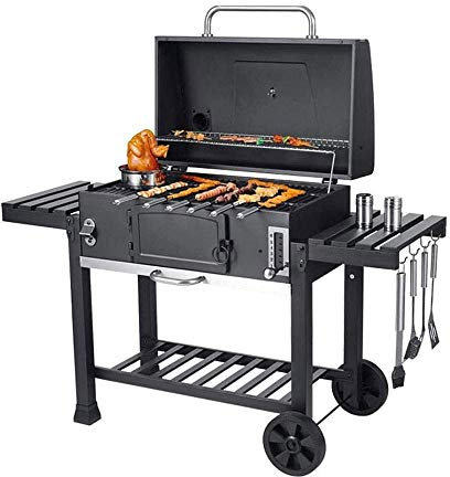 Barril de carbón para Barbacoa, Parrilla para Barbacoa al Aire Libre XXL, ahumador, Parrilla portátil de carbón para jardín con Ruedas y estantes de Almacenamiento, Parrilla para Barbacoa c