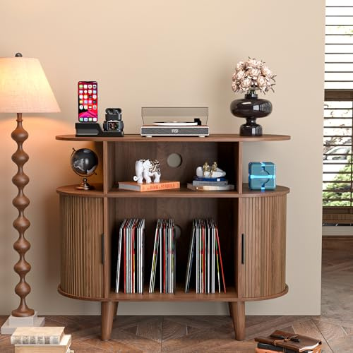 LUVIOHOME Large Round Record Player Stand with Charging Station & USB Ports，Record Storage Cabinet, Mid Century Modern Turntable Stand for Bedroom Living Room (Small Brown)