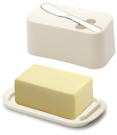 Evanda Butter Dish with Lid for Countertop and Refrigerator Door Shelf with Butter Spreader Knife, Butter Keeper, Plastic Butter Holder Tray Container for West/East Coast Butter