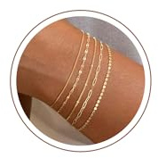 SLOONG 5 Stück Armband Damen Gold 18 Karat Vergoldet Stapelbare Armkette Damen Verstellbare Armbänder Twist Figaro Armband Set Wasserfest Büroklammer Armreif Gold Schmuck für Frauen Mädchen