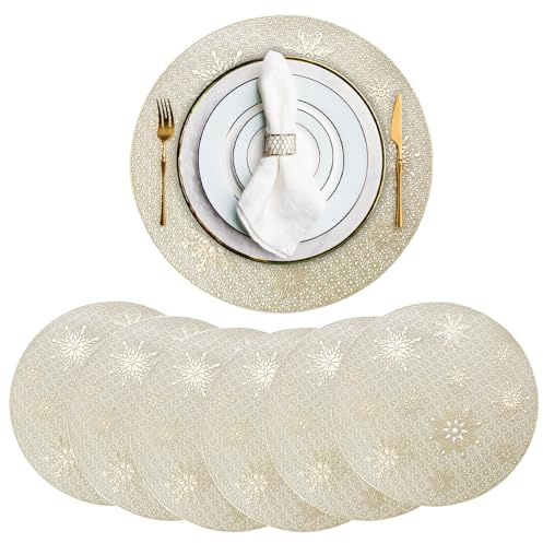 Tovagliette Natalizie Rotonde, 6 Pezzi Sottopiatti Rotondi Lavabili, Fiocchi di Neve Tovagliette Rotonde, PVC Tovaglietta Natalizie per Decorare la Tavola (Oro)
