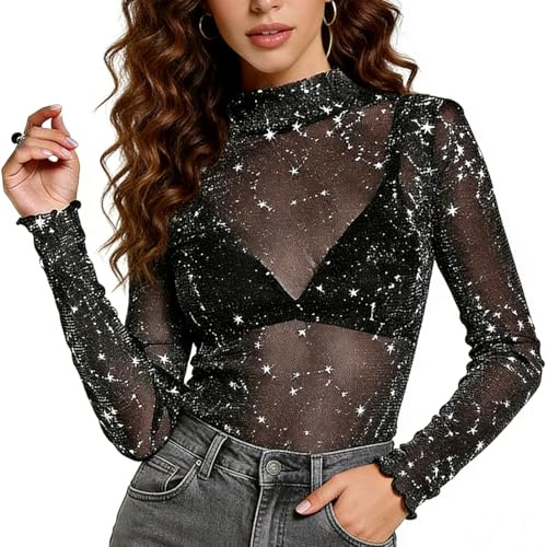 Camiseta Transparente Mujer, Glitter Manga Larga Top, Camisetas de Malla Transparente, Manga Larga Camiseta Negro Sexy Malla Top, Camiset-a Transparent-e Mujer To-p de Mang-a Larga con Cuello Redondo
