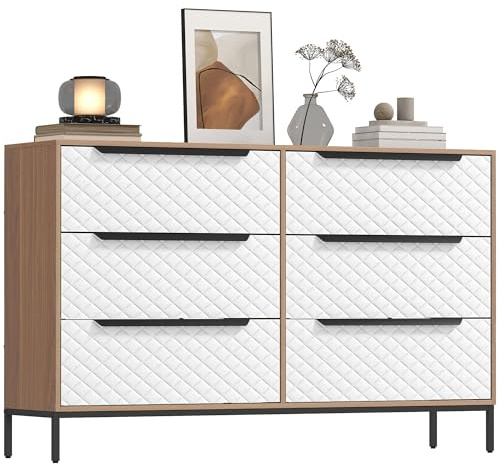 HOMCOM Cómoda con 6 Cajones de Tela, Cómoda para Dormitorio, Marco de MDF, Frentes con Patrón de Diamante, Cajonera para Salón, Oficina, Vestidor, Natural y Blanco