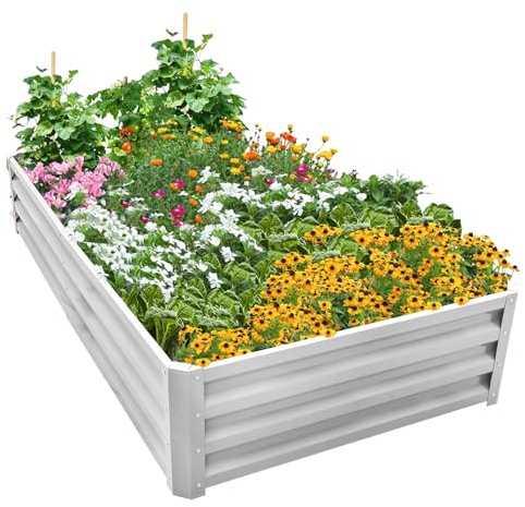 Bancal alto de metal 180 x 90 x 30 cm, acero galvanizado para el jardín, jardinero, jardinera, jardinera elevada para verduras, hierbas, flores, jardín, plata, rectángulo