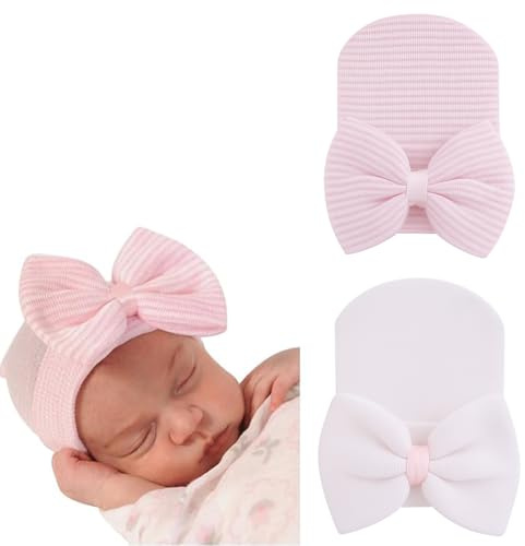 SolyLuby Newborn Baby Girl Hats 2 Pcs Infant Striped Knitted Hospital Hat