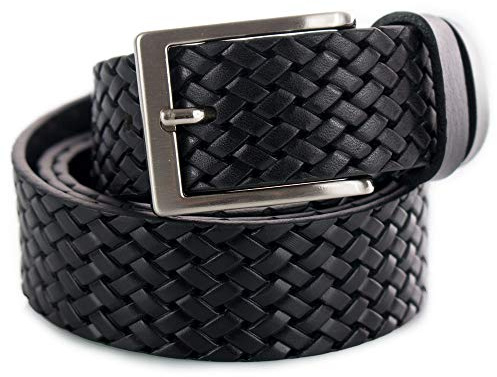 Emila Cintura Uomo in Vera Pelle Nera con Stampa Intrecciata – 3,5 cm, Artigianale, Casual e Senza Cuciture, per Jeans e Pantaloni Sportivi 110 Vera Pelle Nero