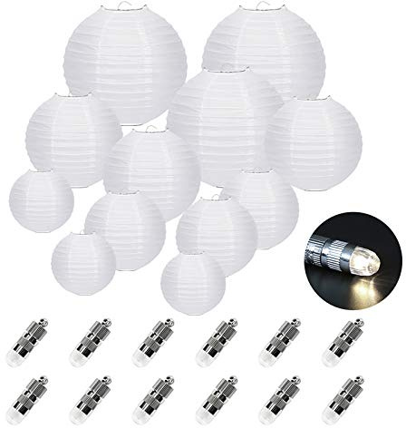 FullBerg 12er Weiß Papier Lampions (Verschiedene Größen) mit 12er Warmweiße Mini LED-Ballons Lichter, rund Lampenschirm Papierlaterne Hochtzeit Dekoration