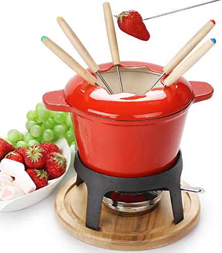 Virklyee Set de Fondue de Queso para 6 Personas Hierro Fundido Fondue Set Fondue de Carne y Queso Fondue Queso Chocolate Fondue Set románticas Perfecto para Las Celebración de Días Festivos (Rojo o2)