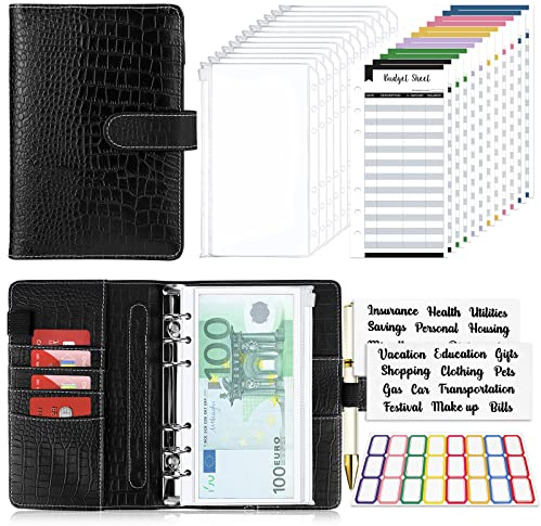 Budgetplanerare, budgetpärm, A6, budgetplanerare, pengaorganisatör med mjuk ficka, TAOPE budgetpärm, anteckningsbok A6, kontantfyllning, hushållsbok med sedelfack, budgetplanerare set, krokodilmönster, svart
