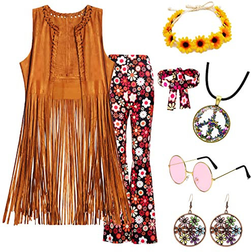 YADODO 60er 70er Jahre Hippie Kostüm Damen Set mit Fransenweste Schlaghose Accessoires Hippie Kleidung Damen Kostüm 70er Jahre Bekleidung Frauen Disco Outfit Cowgirl Western Faschingskostüm (XL)