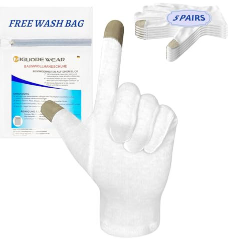 Migliore Wear 5 Paar Baumwollhandschuhe, Weiche Stoffhandschuhe mit 1 Wäschesack, 100% Baumwolle Weiße Handschuhe Touch Screen Schutzhandschuhe für Trockene Hände, Ekzeme, Schmuckinspektion