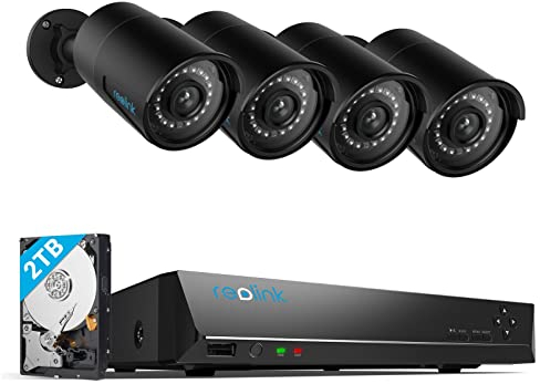 Reolink 5MP Kit Système Vidéo Surveillance 8CH 2To NVR, Caméra IP PoE 4X 5MP, Détection Personne/Véhicule, 5MP HD Caméra de Surveillance Extérieure, 30M Vision Nocturne, Audio, RLK8-410B4-5MP Noir