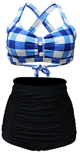 Bslingerie® Women Halter Retro High Waisted Bikini Swimsuit 2 Pcs Set (3XL, Blue Checkered)