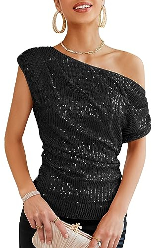 GRACE KARIN Women Sparkling Sequin Tops Party Club Vest Elegant Sparkly Dance Blouse, Color: Black, Size: XL