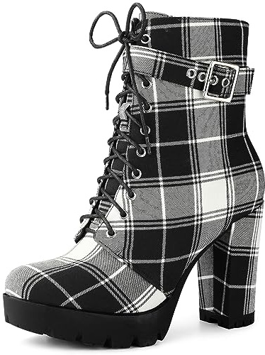 Perphy Women's Platform Lace Up Chunky Heel Plaid Combat Boots