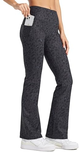 Willit - Leggings de mujer con forro polar y corte acampanado, impermeables, para yoga, pantalones de cintura alta, térmicos, de bota, pantalones de invierno, Leopardo Negro, XL