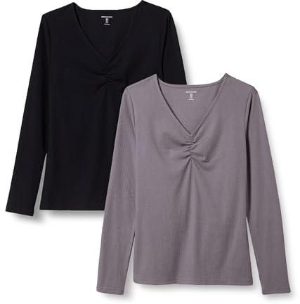 Amazon Essentials T-shirt cintré en tricot côtelé à manches longues et col en V Femme, Lot de 2, Gris/Noir, XL