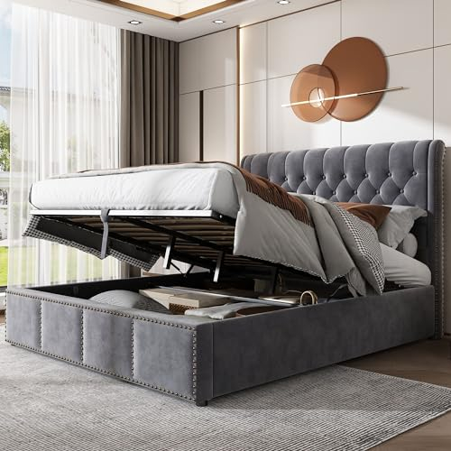 MQGPM Polsterbett 140 x 200 cm Doppelbett mit Hydraulikhebel, Stauraumbett Hydraulisch Polsterbett Rückenlehne Bett aus Samtmaterial, Jugendbett, Dunkelgrau (Ohne Matratze)