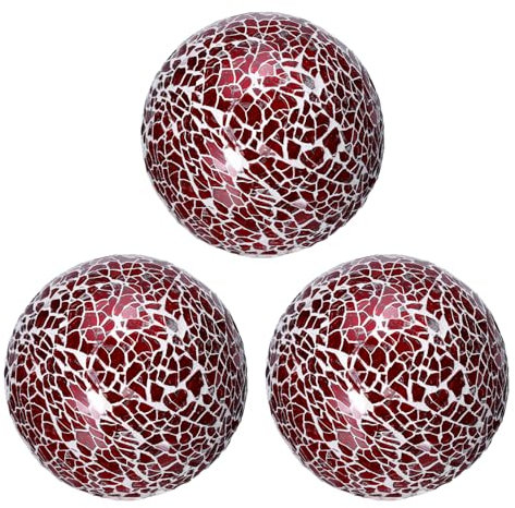 QUARKZMAN 3 Piezas de Bolas de Vidrio Decorativas de 8cm, Esferas de Vidrio Mosaico para Centros de Mesa, Cuencos, Jarrones, Mesa de Comedor, Fiesta, Rojo