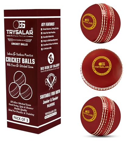 TrySalar Mjuk cricket gummiboll inomhus/utomhus för junior ungdom vuxen träning, coaching, övning utmärkt studs med hållbara traditionella sömmar handsydda (röd-3 st)